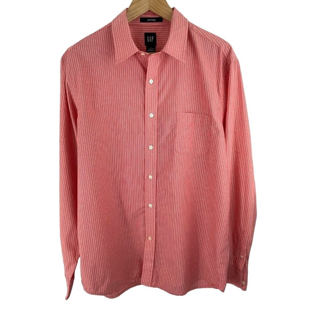 GAP Mens Size Large Fitted Red w/White Pinstripes Long Sleeve Button Up Shirt